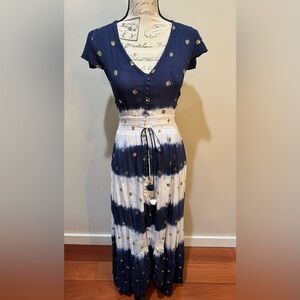 GOA Paris Blue & White Asymmetric Hem V Neck Midi Dress Floaty Fairycore Sz M